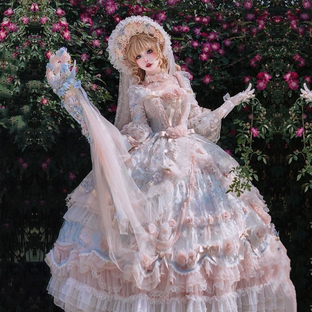 Elegant Lace Victorian Dress with Bonnet
